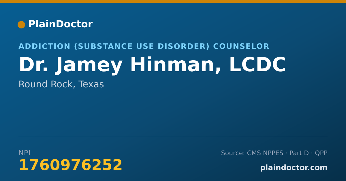 Shareable card for Jamey Hinman, LCDC - Addiction (Substance Use Disorder) Counselor, Round Rock, TX