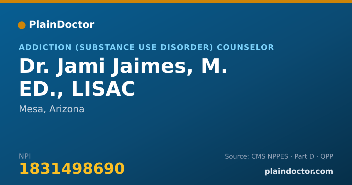 Shareable card for Jami Jaimes, M. ED., LISAC - Addiction (Substance Use Disorder) Counselor, Mesa, AZ