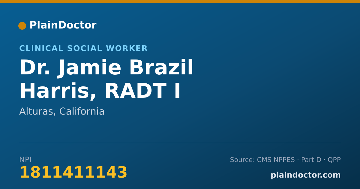 Shareable card for Jamie Brazil Harris, RADT I - Clinical Social Worker, Alturas, CA