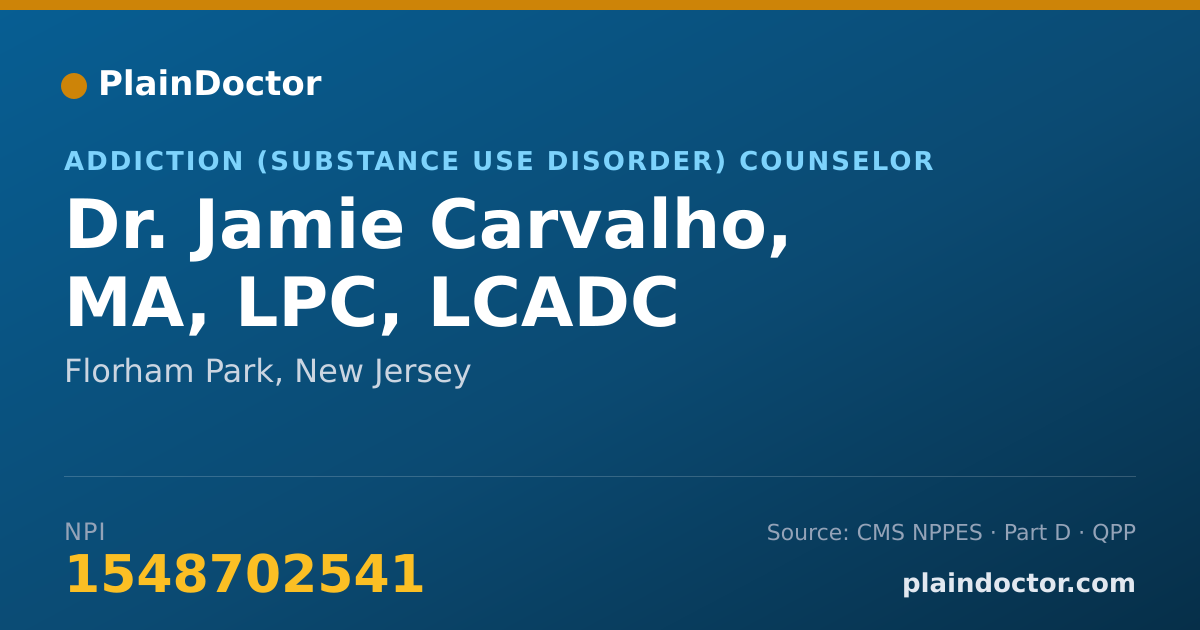 Shareable card for Jamie Carvalho, MA, LPC, LCADC - Addiction (Substance Use Disorder) Counselor, Florham Park, NJ