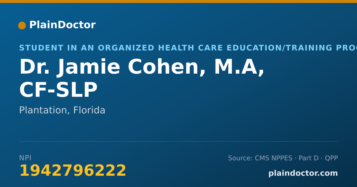 Shareable card for Jamie Cohen, M.A, CF-SLP - Student in an Organized Health Care Education/Training Program, Plantation, FL