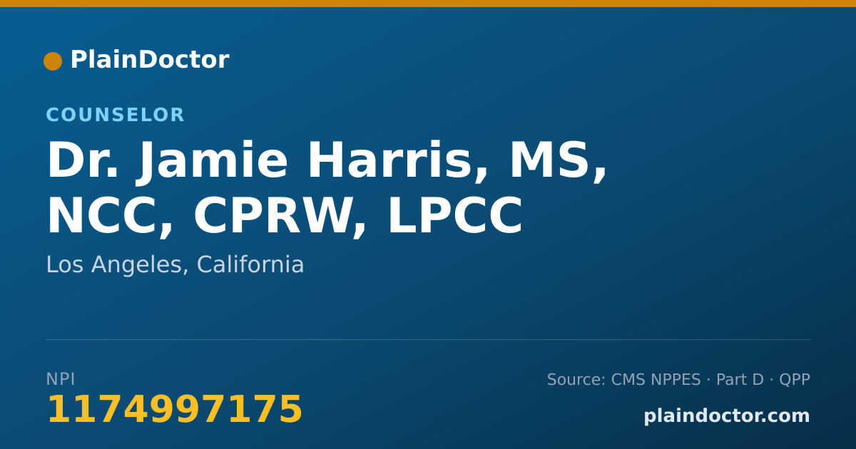Shareable card for Jamie Harris, MS, NCC, CPRW, LPCC - Counselor, Los Angeles, CA