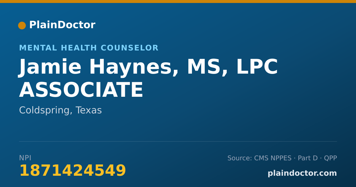 Shareable card for Jamie Haynes, MS, LPC ASSOCIATE - Mental Health Counselor, Coldspring, TX