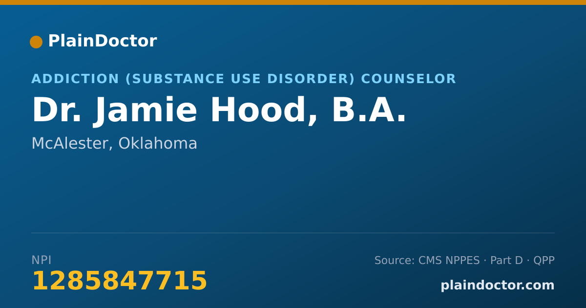 Shareable card for Jamie Hood, B.A. - Addiction (Substance Use Disorder) Counselor, McAlester, OK
