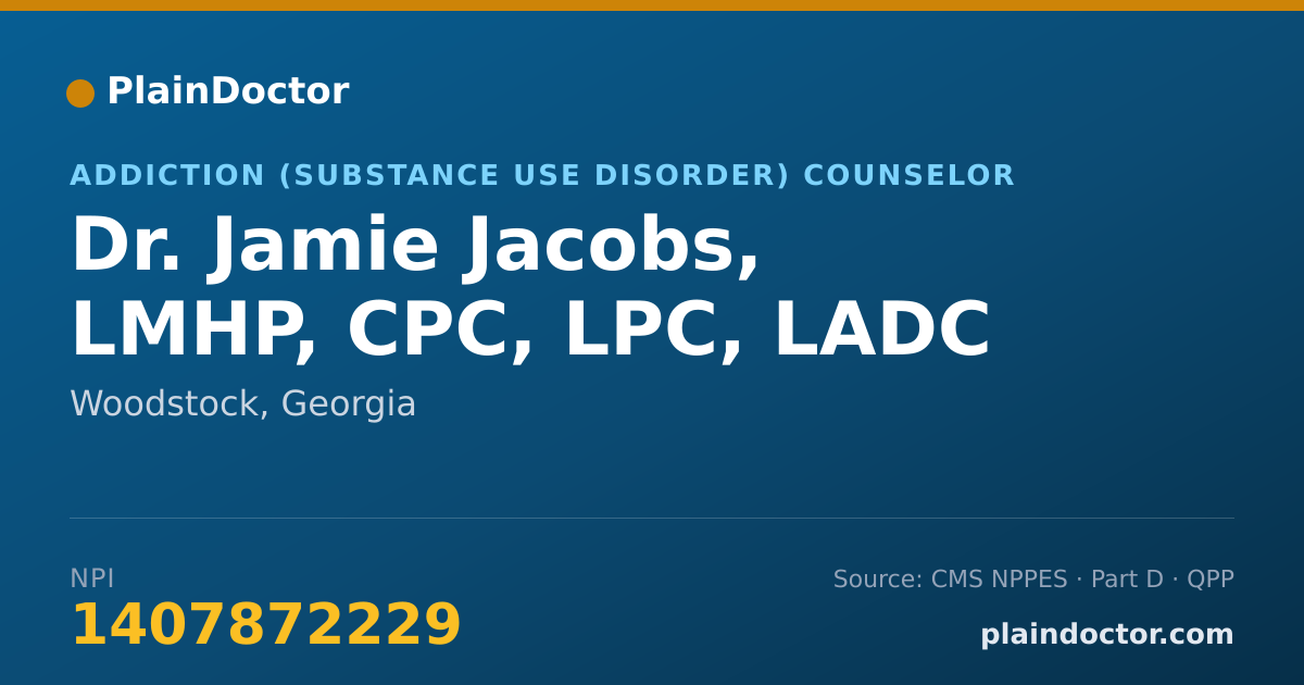 Shareable card for Jamie Jacobs, LMHP, CPC, LPC, LADC - Addiction (Substance Use Disorder) Counselor, Woodstock, GA