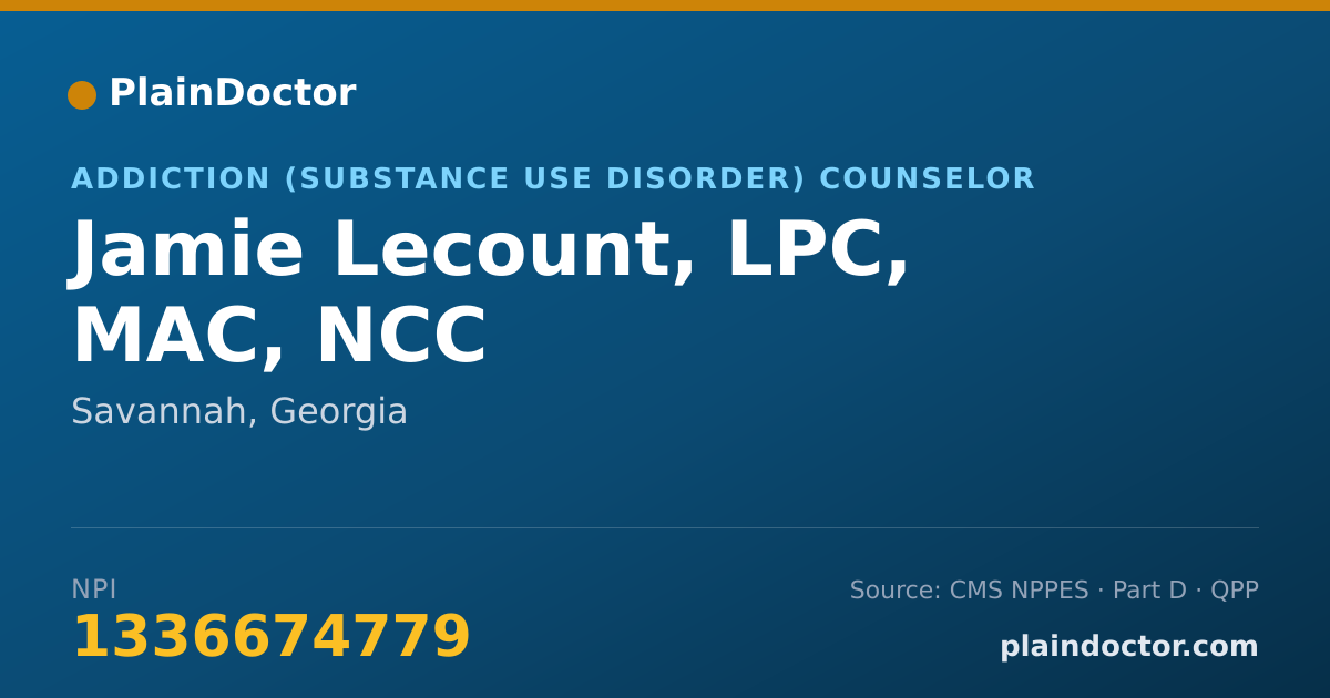Shareable card for Jamie Lecount, LPC, MAC, NCC - Addiction (Substance Use Disorder) Counselor, Savannah, GA