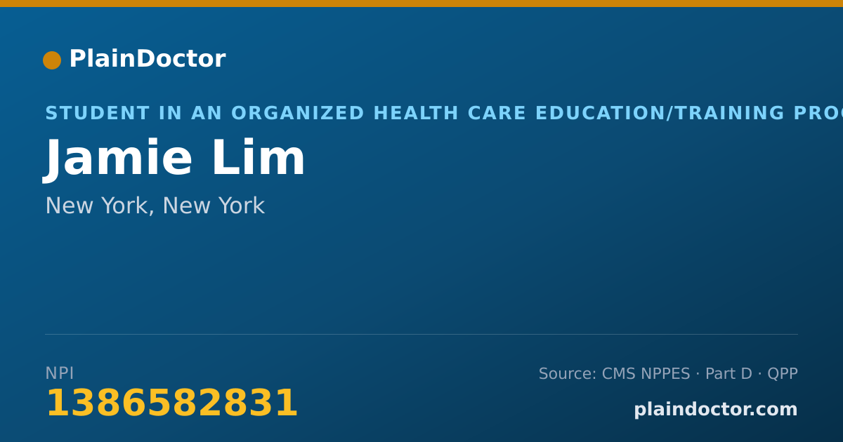 Shareable card for Jamie Lim - Student in an Organized Health Care Education/Training Program, New York, NY