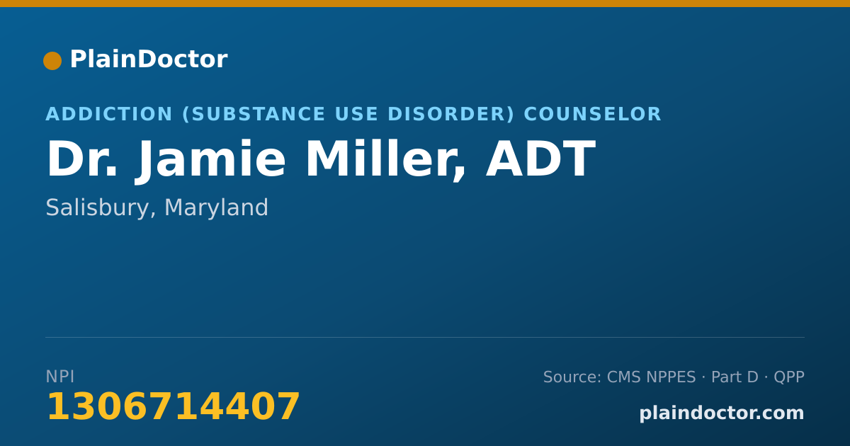 Shareable card for Jamie Miller, ADT - Addiction (Substance Use Disorder) Counselor, Salisbury, MD