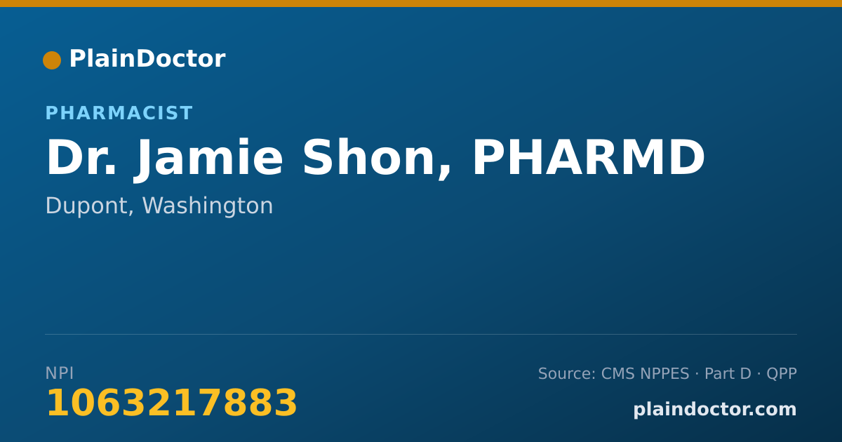 Shareable card for Jamie Shon, PHARMD - Pharmacist, Dupont, WA