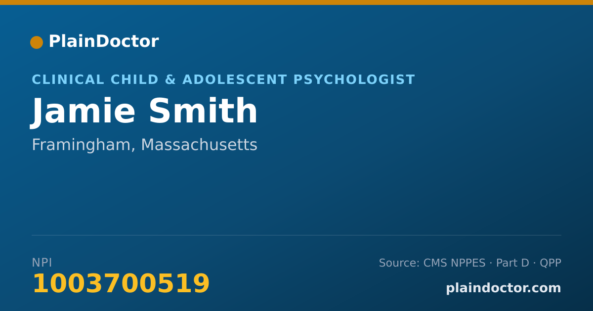 Shareable card for Jamie Smith - Clinical Child & Adolescent Psychologist, Framingham, MA