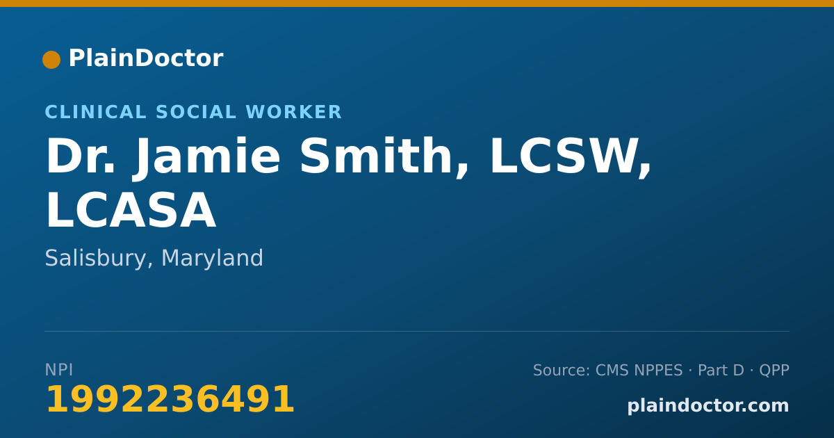 Shareable card for Jamie Smith, LCSW, LCASA - Clinical Social Worker, Salisbury, MD