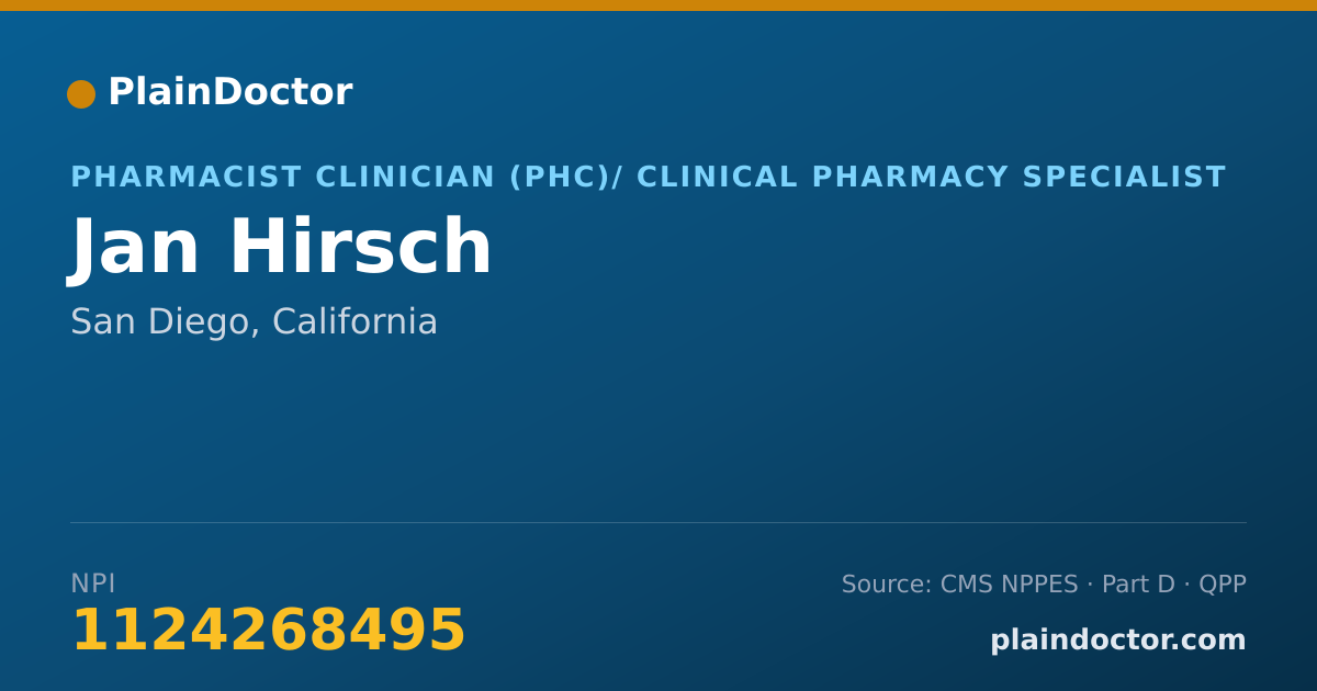 Shareable card for Jan Hirsch - Pharmacist Clinician (PhC)/ Clinical Pharmacy Specialist, San Diego, CA