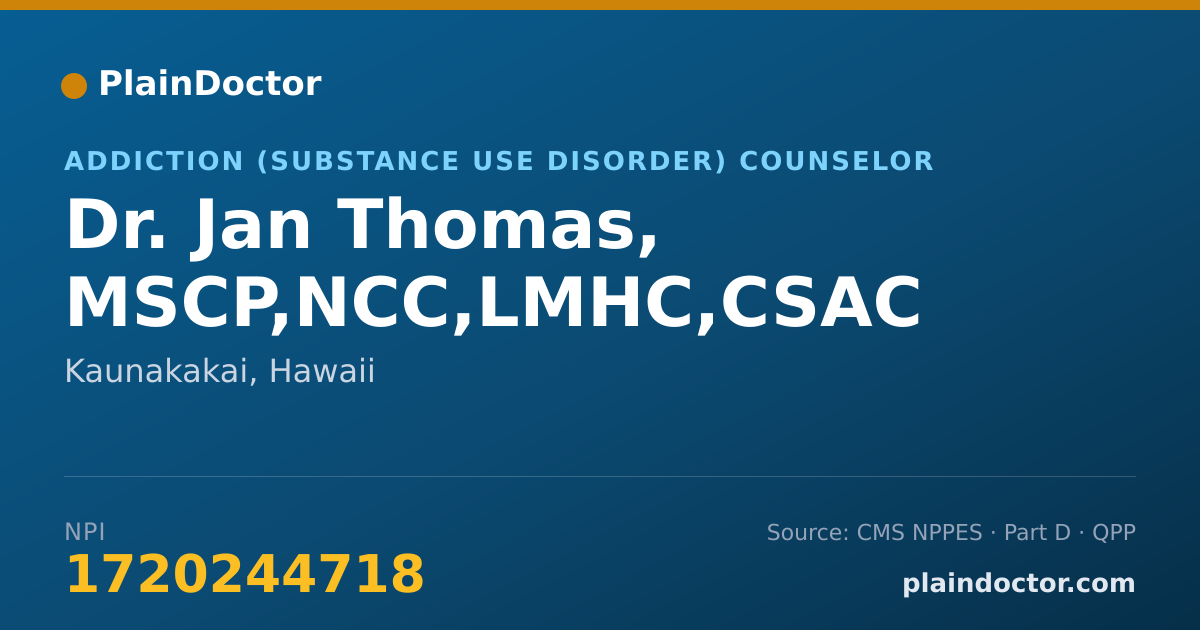 Shareable card for Jan Thomas, MSCP,NCC,LMHC,CSAC - Addiction (Substance Use Disorder) Counselor, Kaunakakai, HI