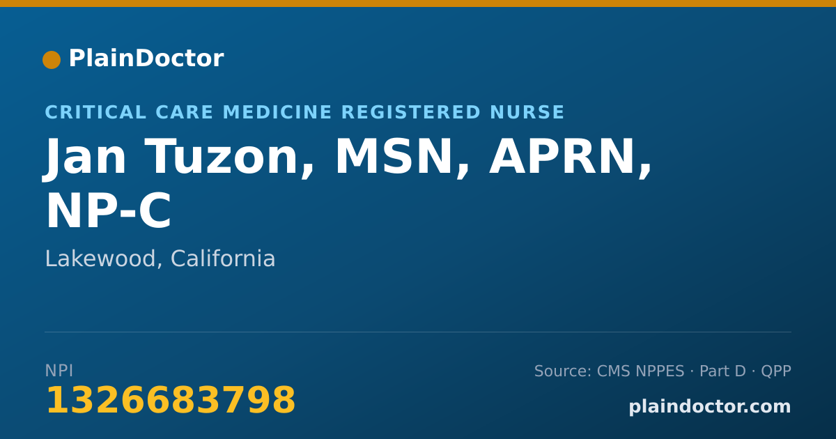 Shareable card for Jan Tuzon, MSN,  APRN, NP-C - Critical Care Medicine Registered Nurse, Lakewood, CA