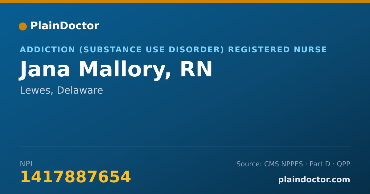 Shareable card for Jana Mallory, RN - Addiction (Substance Use Disorder) Registered Nurse, Lewes, DE