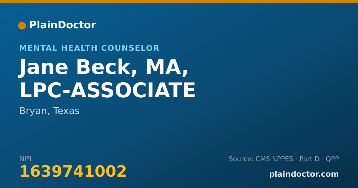 Shareable card for Jane Beck, MA, LPC-ASSOCIATE - Mental Health Counselor, Bryan, TX