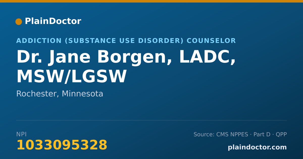 Shareable card for Jane Borgen, LADC, MSW/LGSW - Addiction (Substance Use Disorder) Counselor, Rochester, MN