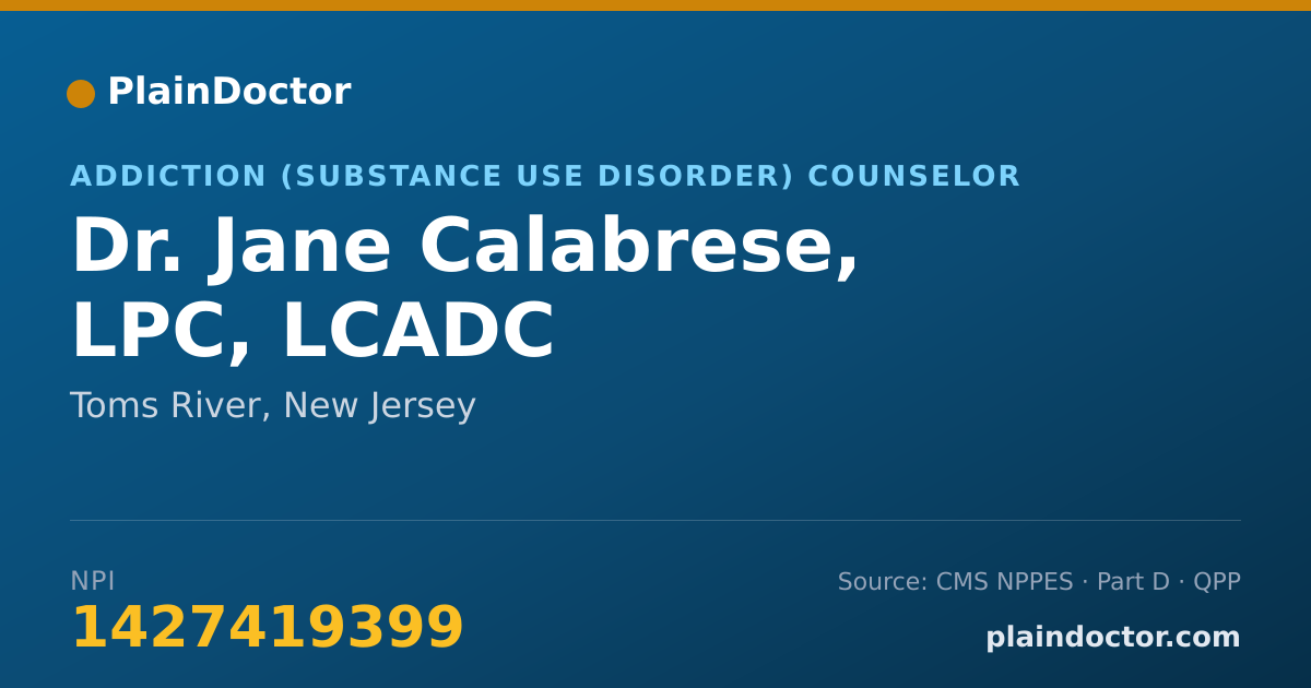 Shareable card for Jane Calabrese, LPC, LCADC - Addiction (Substance Use Disorder) Counselor, Toms River, NJ