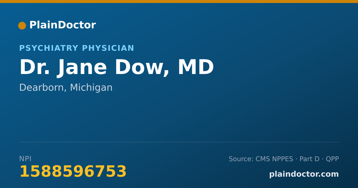 Shareable card for Jane Dow, MD - Psychiatry Physician, Dearborn, MI