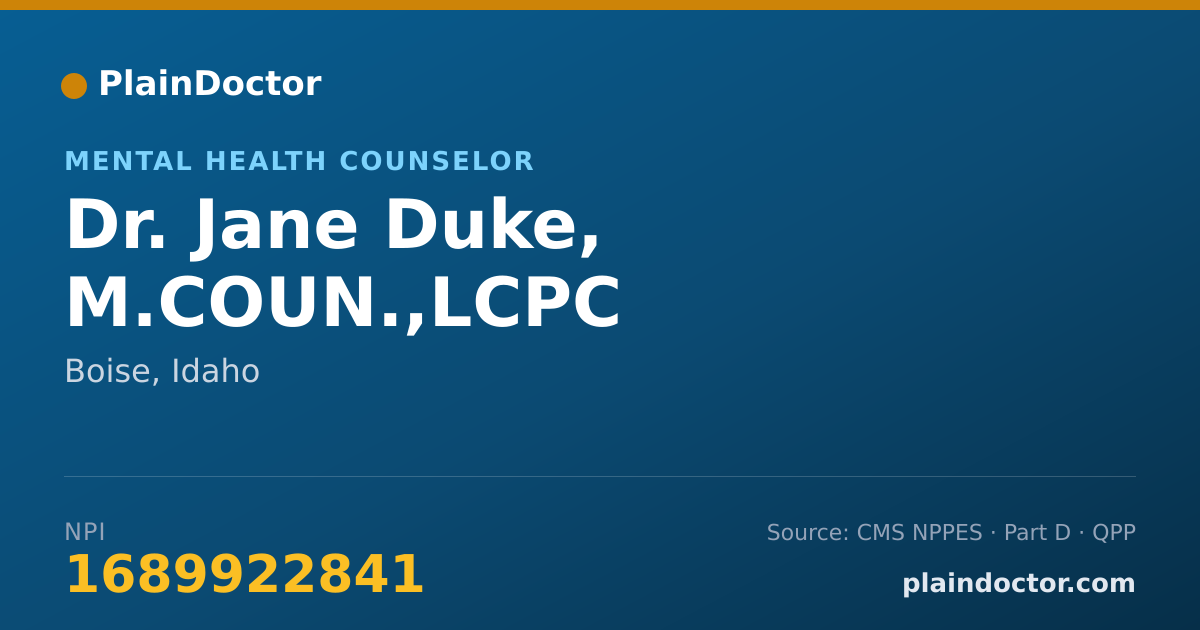 Shareable card for Jane Duke, M.COUN.,LCPC - Mental Health Counselor, Boise, ID
