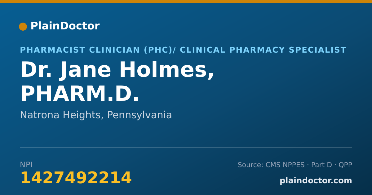 Shareable card for Jane Holmes, PHARM.D. - Pharmacist Clinician (PhC)/ Clinical Pharmacy Specialist, Natrona Heights, PA