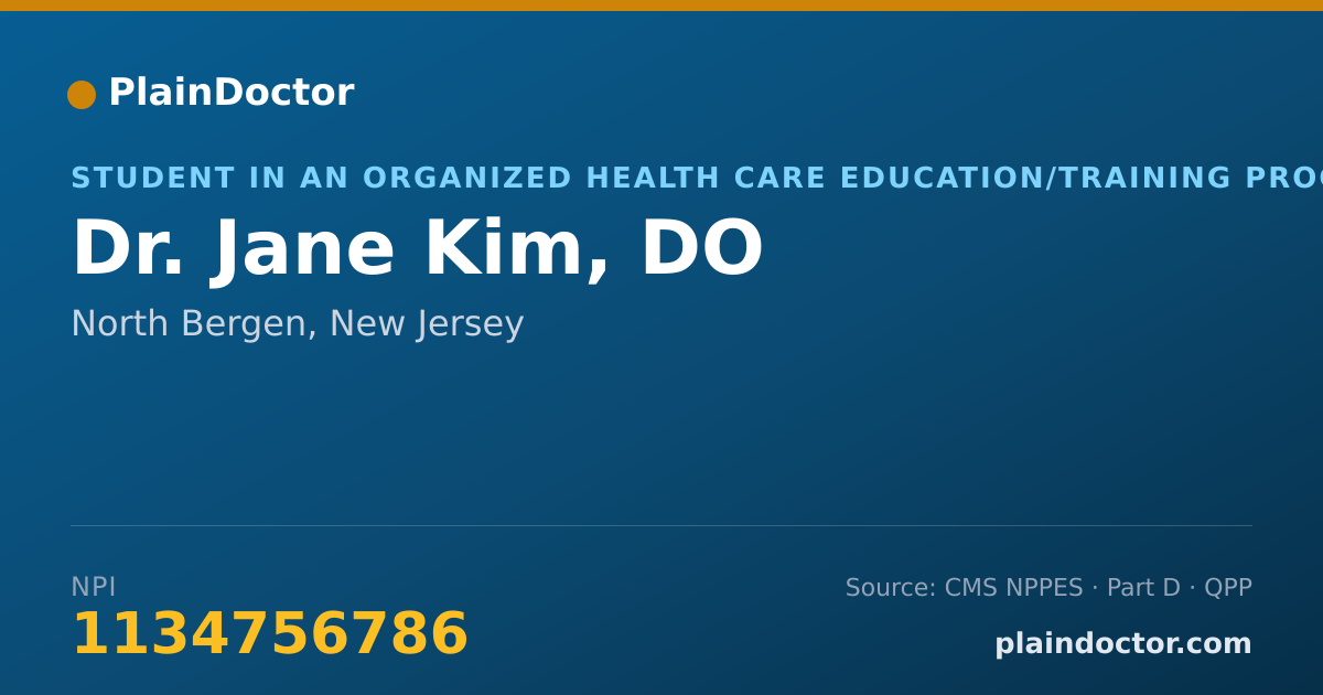 Shareable card for Jane Kim, DO - Student in an Organized Health Care Education/Training Program, North Bergen, NJ