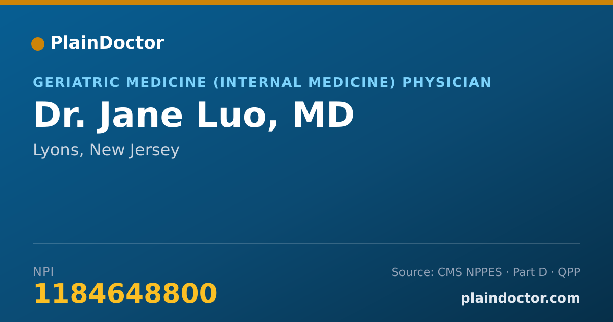 Shareable card for Jane Luo, MD - Geriatric Medicine (Internal Medicine) Physician, Lyons, NJ