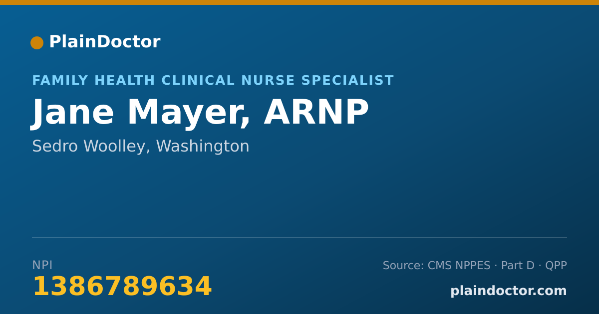 Shareable card for Jane Mayer, ARNP - Family Health Clinical Nurse Specialist, Sedro Woolley, WA