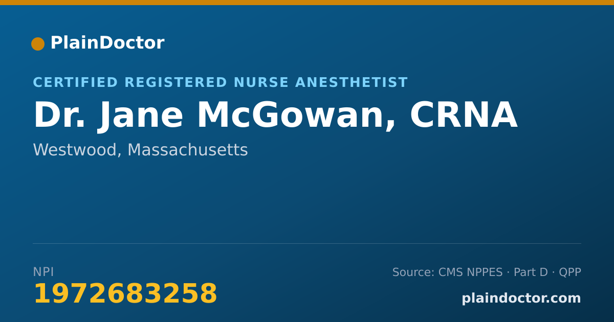 Shareable card for Jane McGowan, CRNA - Certified Registered Nurse Anesthetist, Westwood, MA