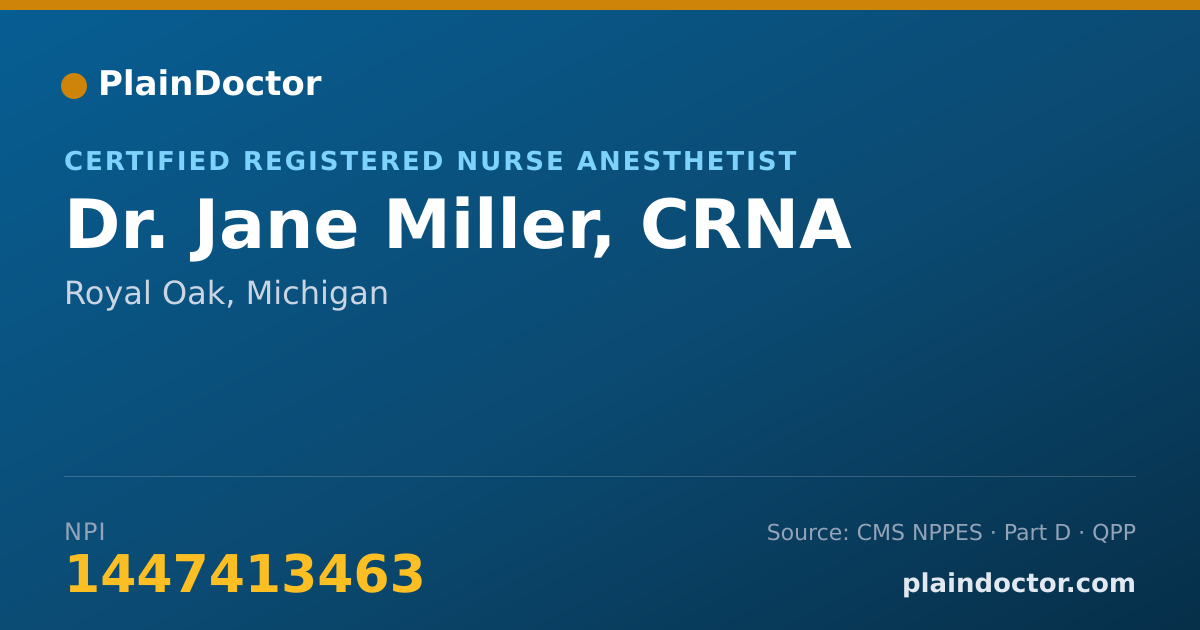 Shareable card for Jane Miller, CRNA - Certified Registered Nurse Anesthetist, Royal Oak, MI