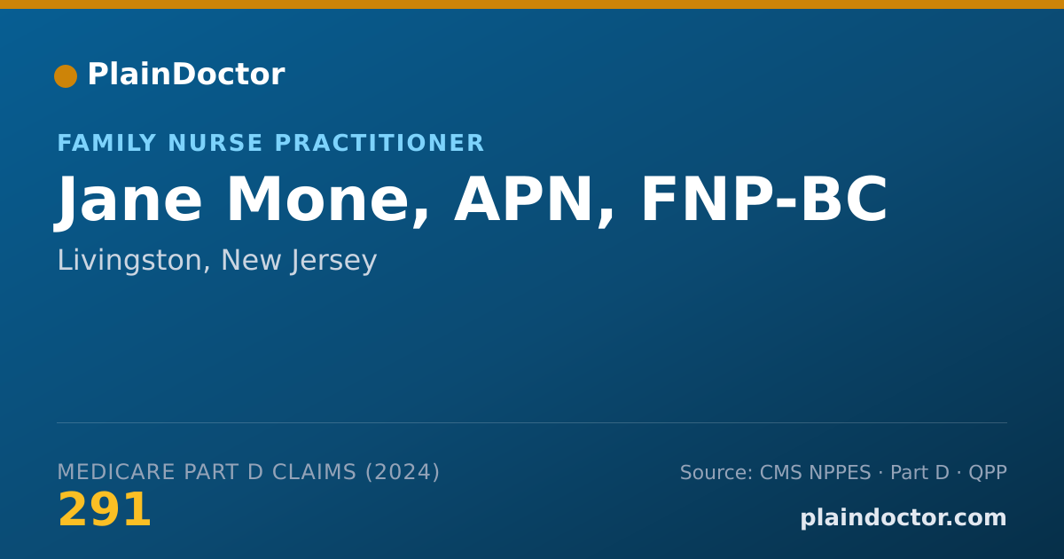 Shareable card for Jane Mone, APN, FNP-BC - Family Nurse Practitioner, Livingston, NJ