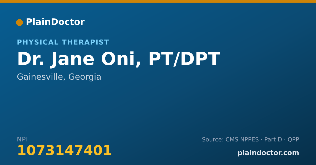 Shareable card for Jane Oni, PT/DPT - Physical Therapist, Gainesville, GA