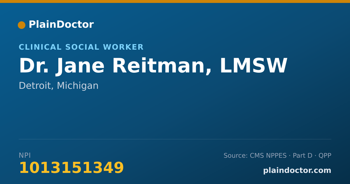 Shareable card for Jane Reitman, LMSW - Clinical Social Worker, Detroit, MI
