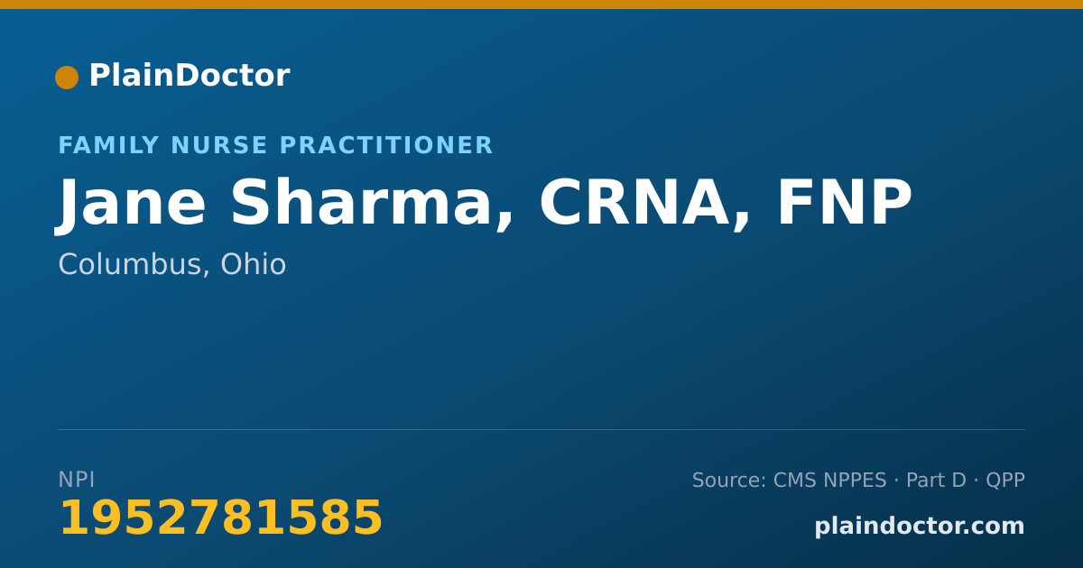 Shareable card for Jane Sharma, CRNA - Certified Registered Nurse Anesthetist, Columbus, OH