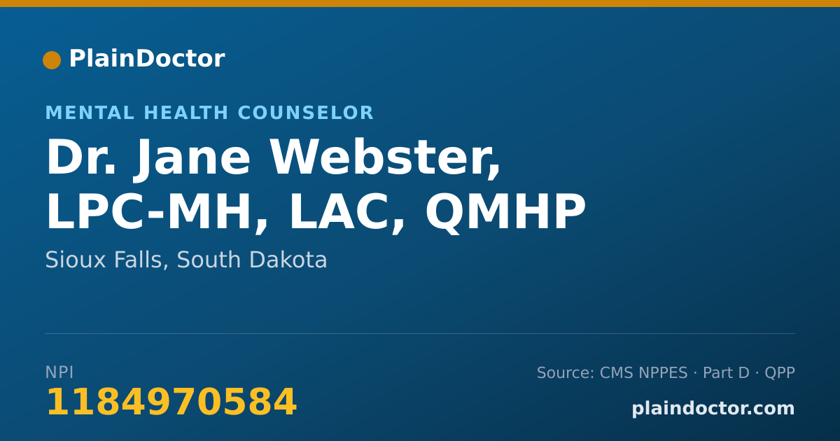 Shareable card for Jane Webster, LPC-MH, LAC, QMHP - Mental Health Counselor, Sioux Falls, SD
