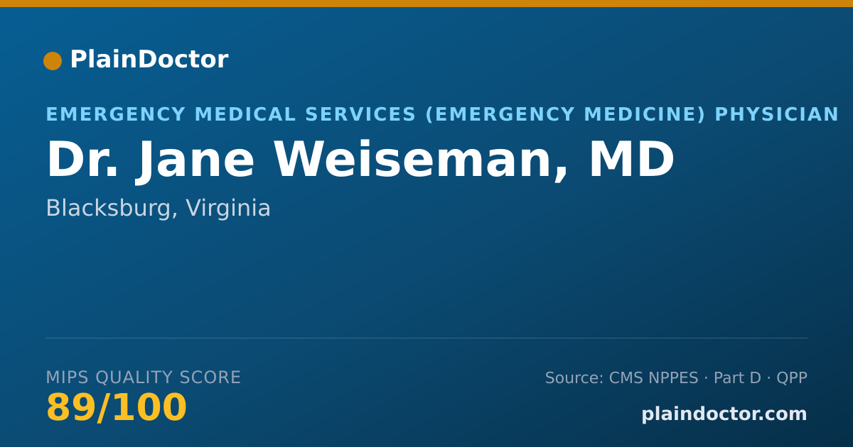 Shareable card for Jane Weiseman, MD - Emergency Medical Services (Emergency Medicine) Physician, Blacksburg, VA