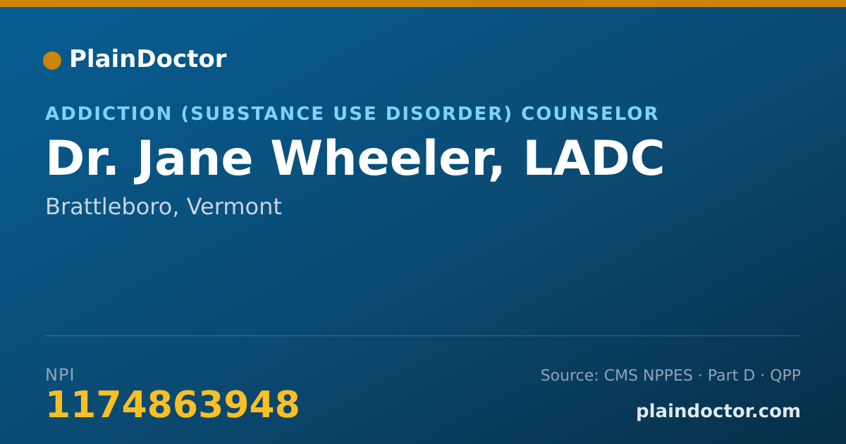 Shareable card for Jane Wheeler, LADC - Addiction (Substance Use Disorder) Counselor, Brattleboro, VT