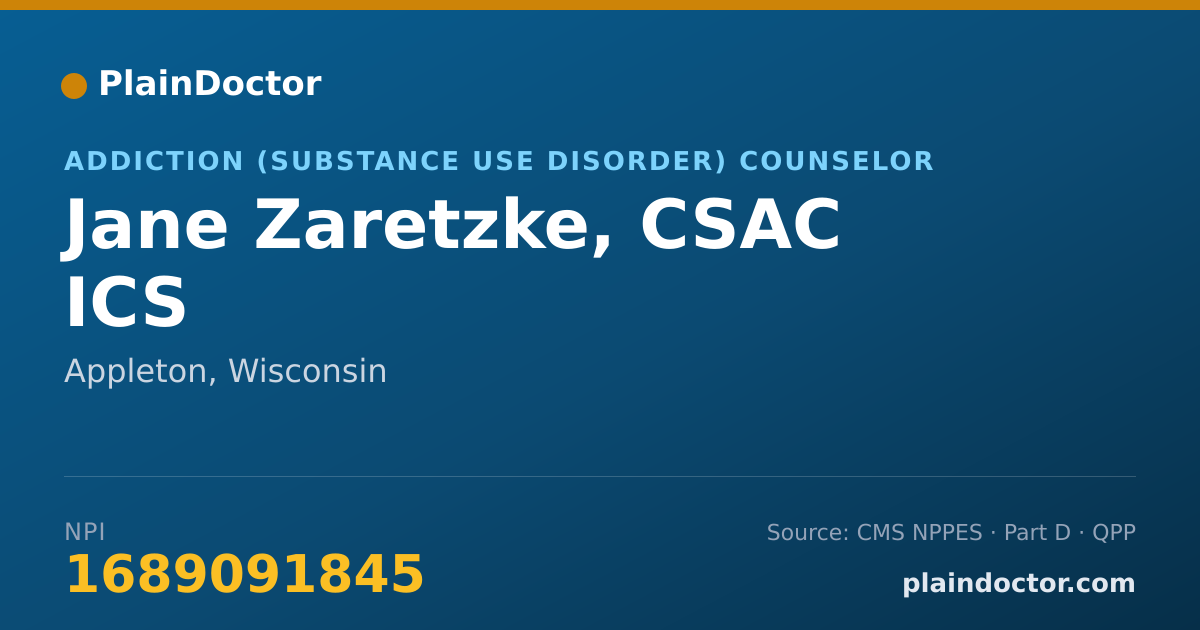 Shareable card for Jane Zaretzke, CSAC ICS - Addiction (Substance Use Disorder) Counselor, Appleton, WI