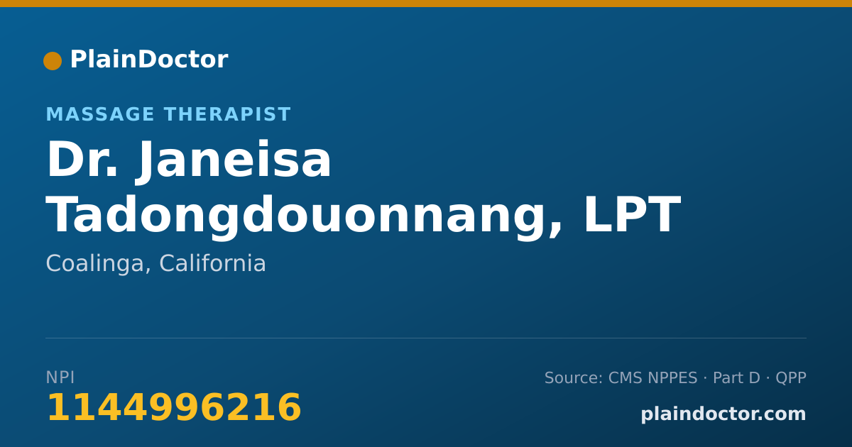 Shareable card for Janeisa Tadongdouonnang, LPT - Massage Therapist, Coalinga, CA