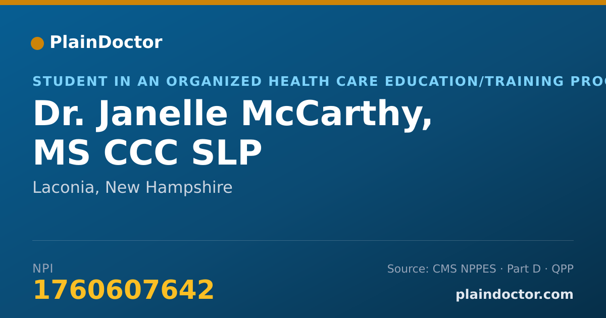 Shareable card for Janelle McCarthy, MS CCC SLP - Student in an Organized Health Care Education/Training Program, Laconia, NH