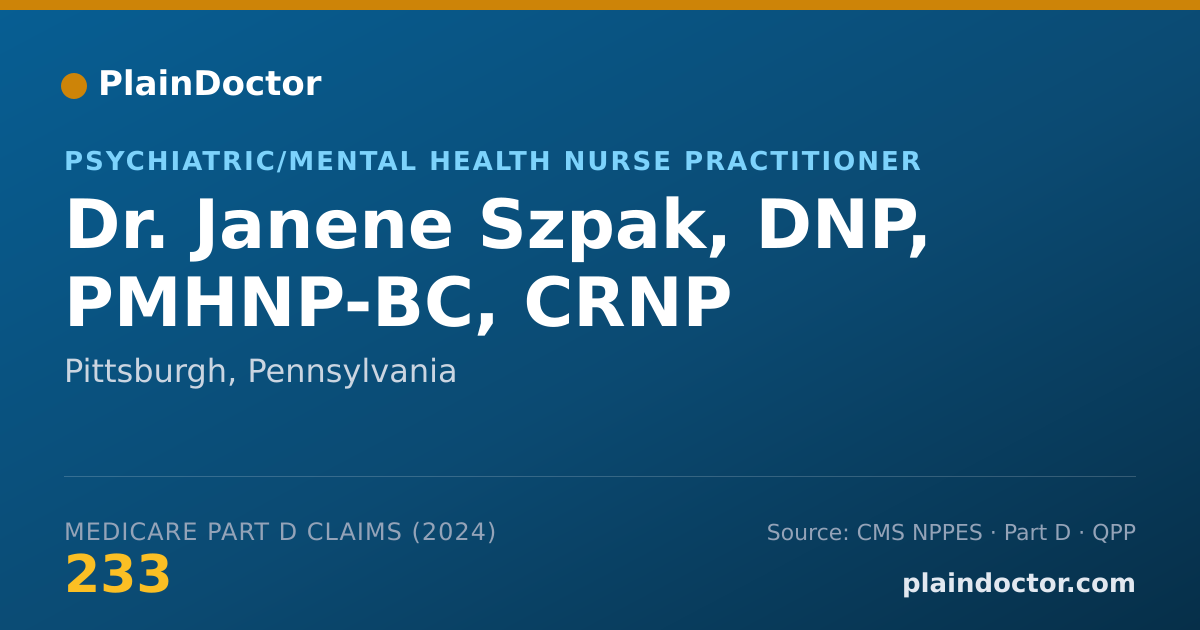 Shareable card for Janene Szpak, DNP, PMHNP-BC, CRNP - Psychiatric/Mental Health Nurse Practitioner, Pittsburgh, PA