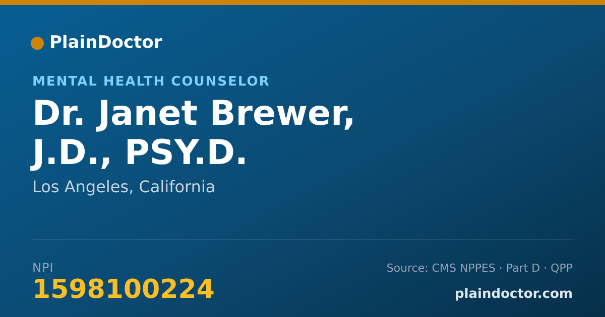 Shareable card for Janet Brewer, J.D., PSY.D. - Mental Health Counselor, Los Angeles, CA