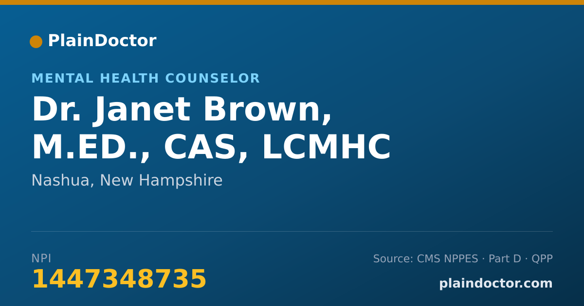 Shareable card for Janet Brown, M.ED., CAS, LCMHC - Mental Health Counselor, Nashua, NH