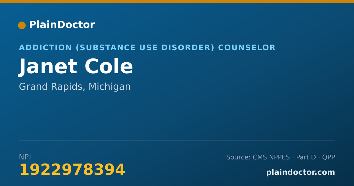 Shareable card for Janet Cole - Addiction (Substance Use Disorder) Counselor, Grand Rapids, MI