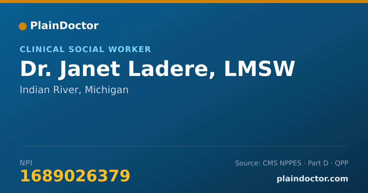 Shareable card for Janet Ladere, LMSW - Clinical Social Worker, Indian River, MI