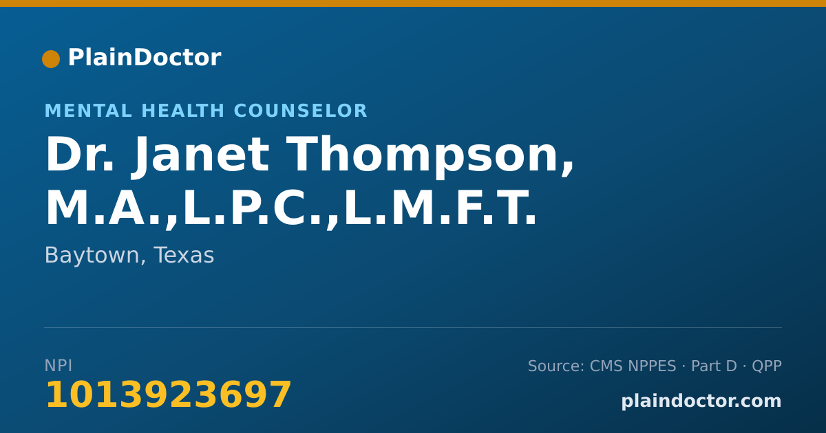 Shareable card for Janet Thompson, M.A.,L.P.C.,L.M.F.T. - Mental Health Counselor, Baytown, TX