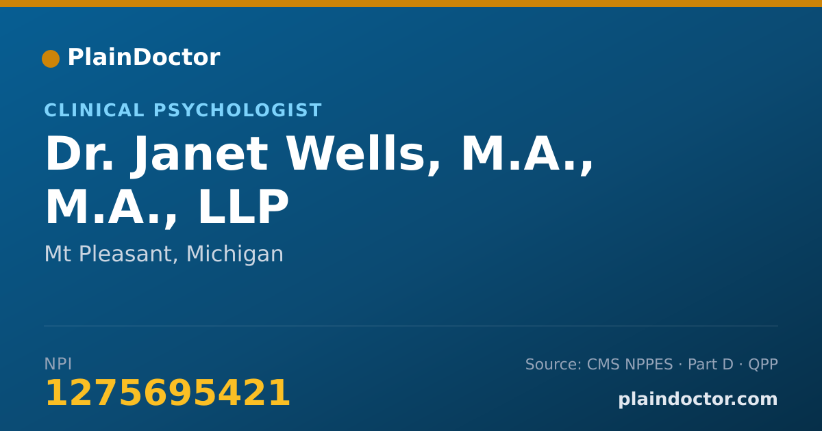 Shareable card for Janet Wells, M.A., M.A., LLP - Clinical Psychologist, Mt Pleasant, MI