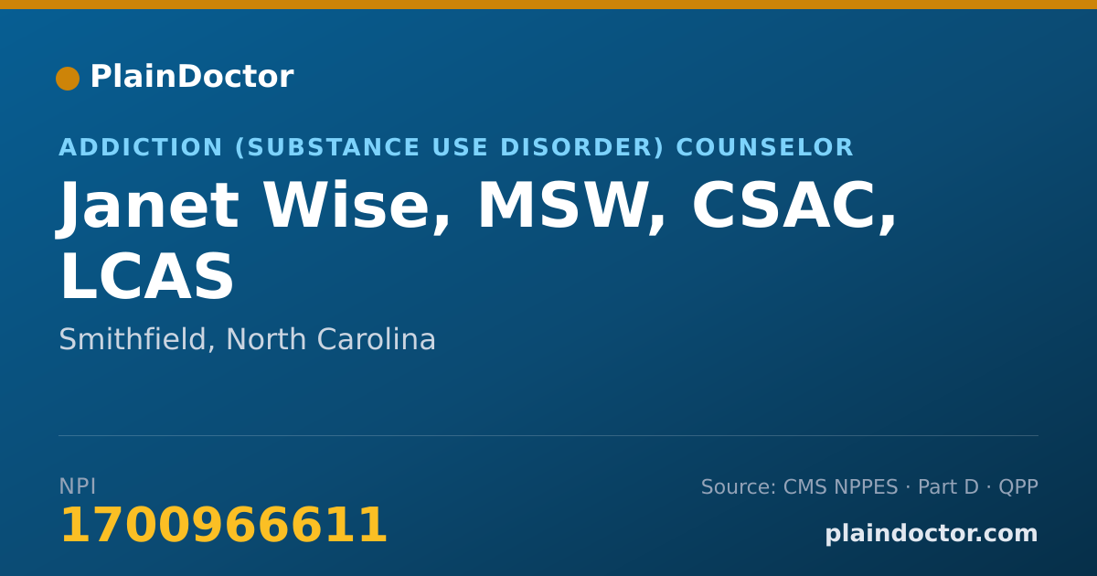 Shareable card for Janet Wise, MSW, CSAC, LCAS - Addiction (Substance Use Disorder) Counselor, Smithfield, NC