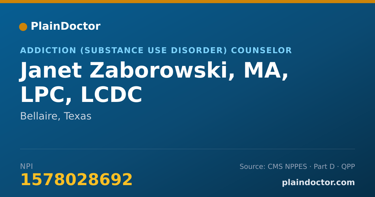 Shareable card for Janet Zaborowski, MA, LPC, LCDC - Addiction (Substance Use Disorder) Counselor, Bellaire, TX