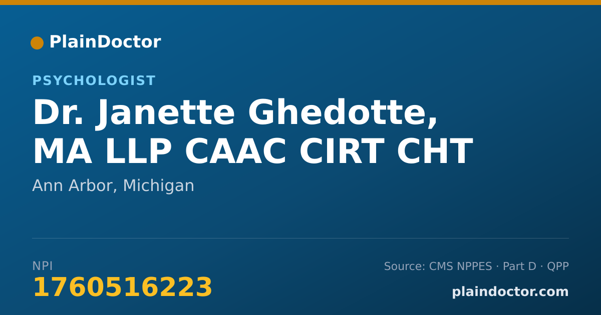 Shareable card for Janette Ghedotte, MA LLP CAAC CIRT CHT - Psychologist, Ann Arbor, MI
